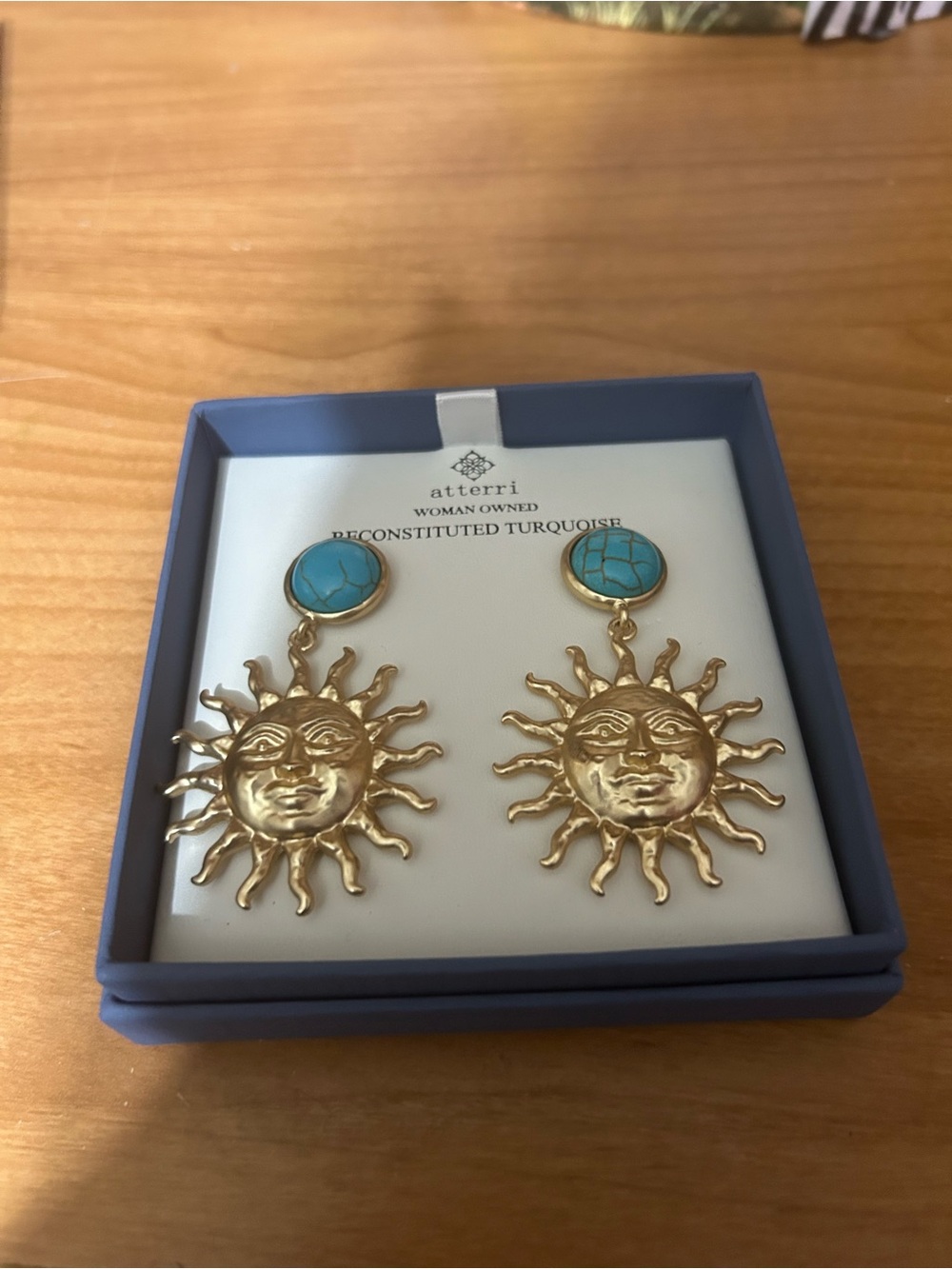 Gold Sun Dangle Earrings with Turquoise Stones